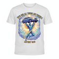Faith-inspired t-shirt featuring a powerful figure lifting a car with divine light and Matthew 19:26 scripture