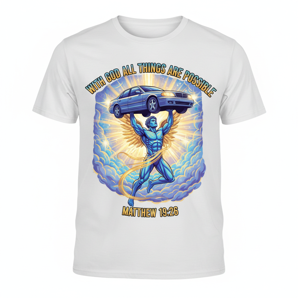 Faith-inspired t-shirt featuring a powerful figure lifting a car with divine light and Matthew 19:26 scripture
