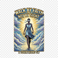 Faith-inspired t-shirt featuring a blindfolded figure walking boldly in divine golden light with 2 Corinthians 5:7 scripture