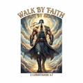 Men's faith-inspired t-shirt featuring a strong man walking boldly with a blindfold in divine golden light with 2 Corinthians 5:7 scripture