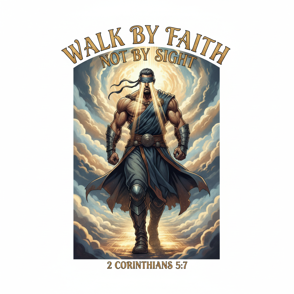 Men's faith-inspired t-shirt featuring a strong man walking boldly with a blindfold in divine golden light with 2 Corinthians 5:7 scripture