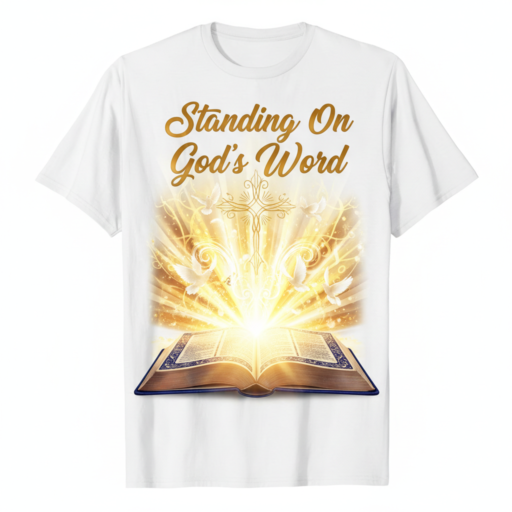 Faith-inspired t-shirt featuring bold text Standing On God's Word with a glowing open Bible and divine light rays