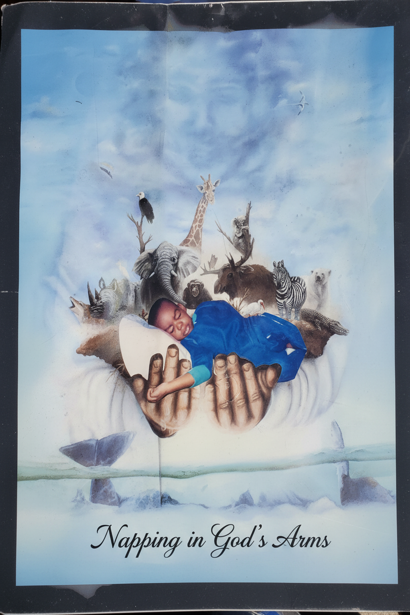 Napping in God's Arms - baby sleeping in God's hands surrounded by animals