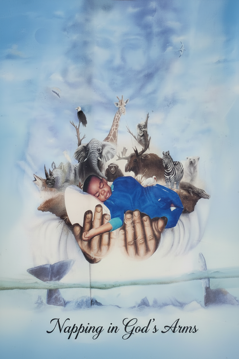 Baby sleeping peacefully in God's hands surrounded by animals, no frame