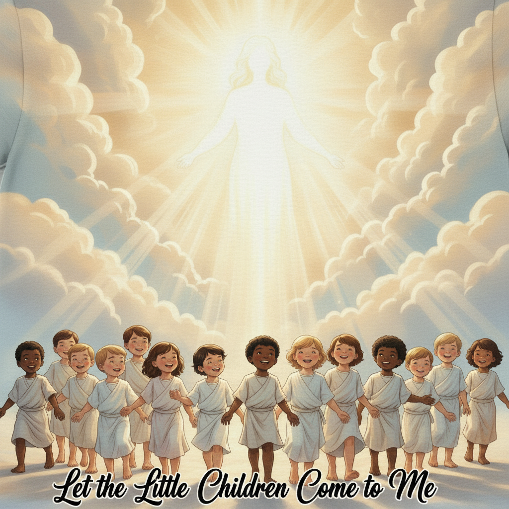 God the Spirit as glowing light with diverse children lined up, text reads Let the Little Children Come to Me